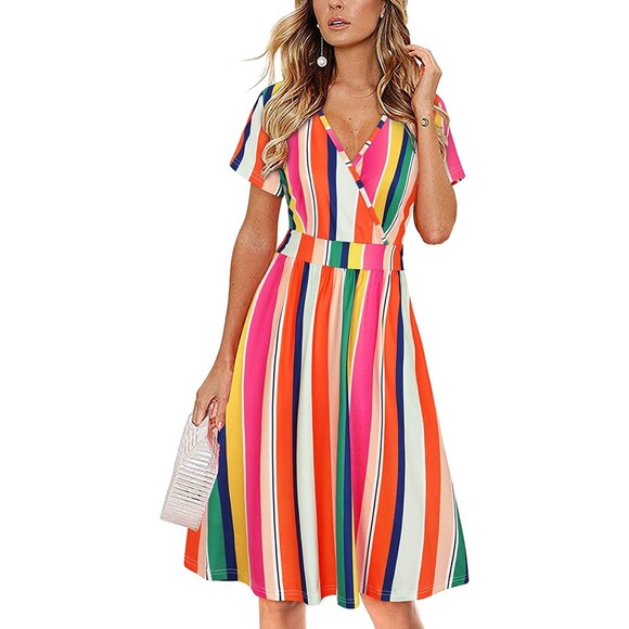 Vote Pretty V-Neck Rainbow Striped Short Sleeve Dress Sz L - Picture 2 of 6